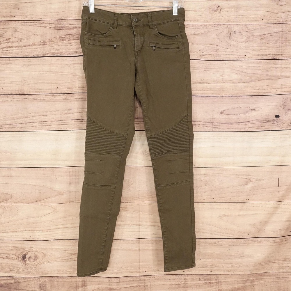 H&M Moto Skinny Jeans Womens 8 Green Olive Stretch Slim Fit 28x28 Denim